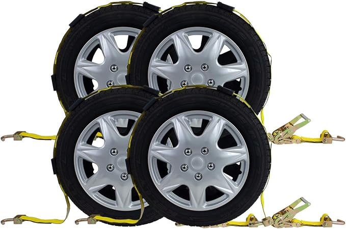 Mytee Products 4 Pack 2" x9' Car Hauler Straps for Trailer w/Ratchet, Swivel J Hook & Rubber Block - 10,000 lbs Breaking Strength Over The Wheel Tire Straps for UTV Hauler - Vehicle Car Tie Down Kit