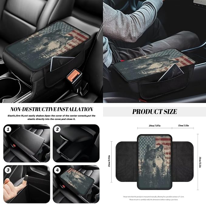 Wolf Forest Print Car Seat Covers Full Set American Flag Print Front and Rear Car Seat Covers with Steering Wheel Cover Center Console Pad Safety Belt Pads Rearview Mirror Cover