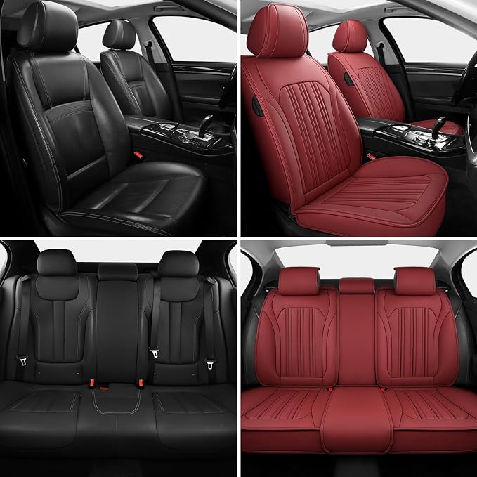 Car Seat Cover, Seat Covers for Cars, Luxury Faux Leather Waterproof Seat Covers, Car Seat Protector Accessories Universal Fit Most Vehicles WineRed Full Set