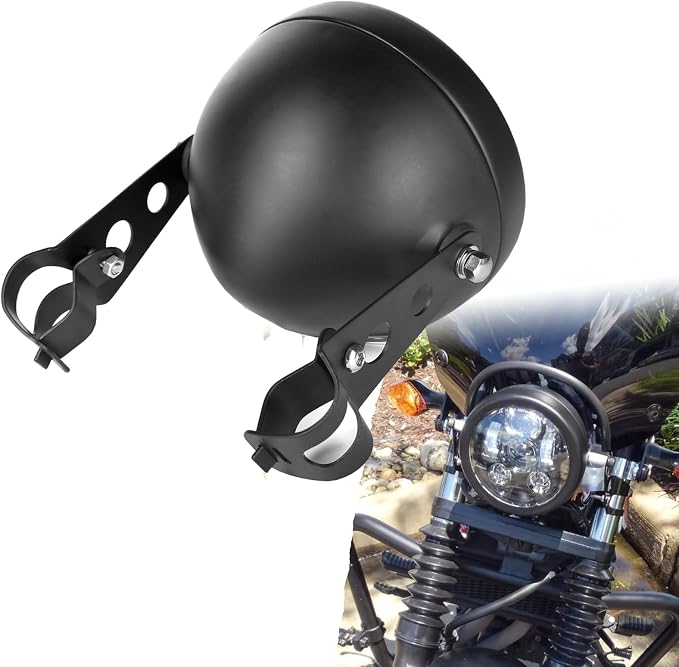 5.75inch Headlight with Matte Black Motorcycle Front Light Housing Bucket 32-40MM Side Mount Brackets fit for Most Motorbikes