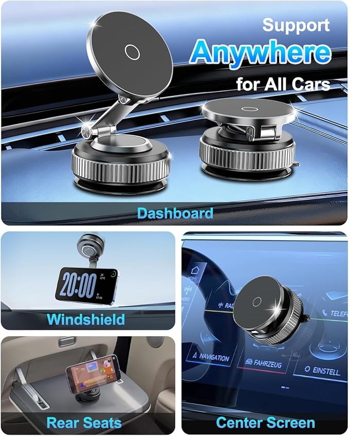 Car Phone Holder Upgraded Vacuum Magnetic Phone Holder for Car with N52 Magnet, Adjustable Suction Cup Phone Mount, Includes Metal Ring
