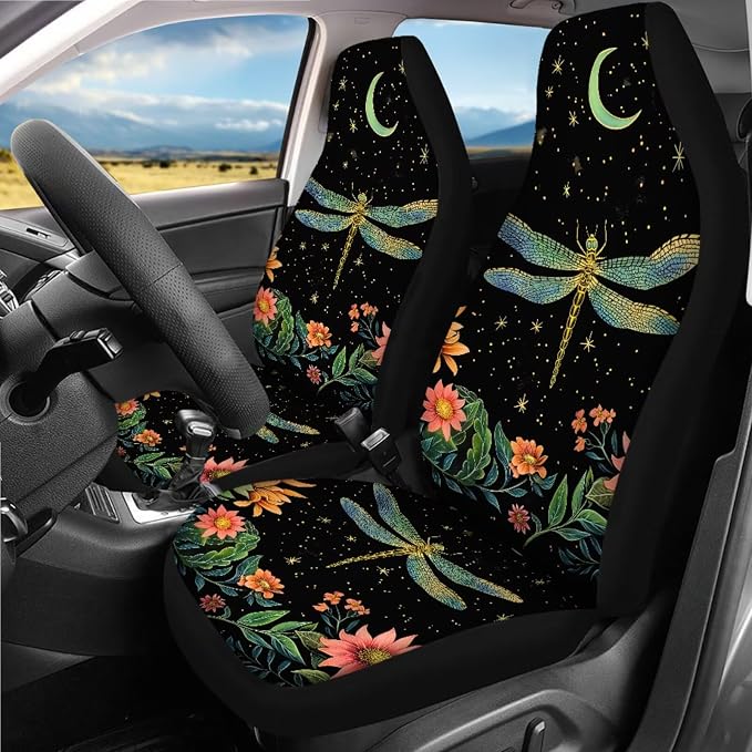 Dragonfly Moon Car Seat Covers Full Set of 18 Pcs Car Interior Accessories Set for Women Dragonfly Flower Car Headrest Covers Auto Seat Belt Pads Steering Wheel Cover Universal Fit