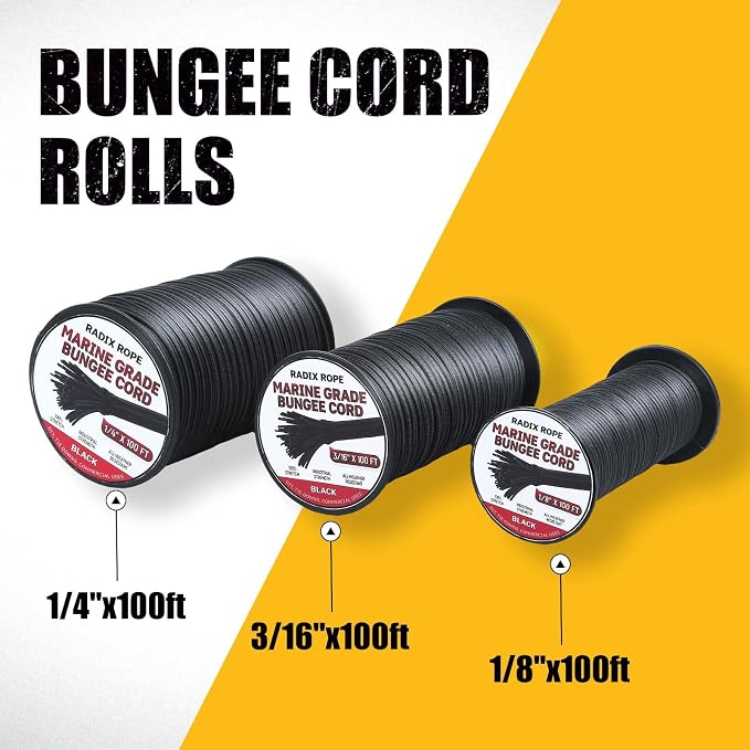 Marine Grade Bungee Cords Heavy Duty Outdoor - Bungee Cord Roll - 100% Stretch Elastic Cord and Absorbent Bungee Shock Cord for Kayak Deck, Camping, Crafting (1/4" x 100ft)