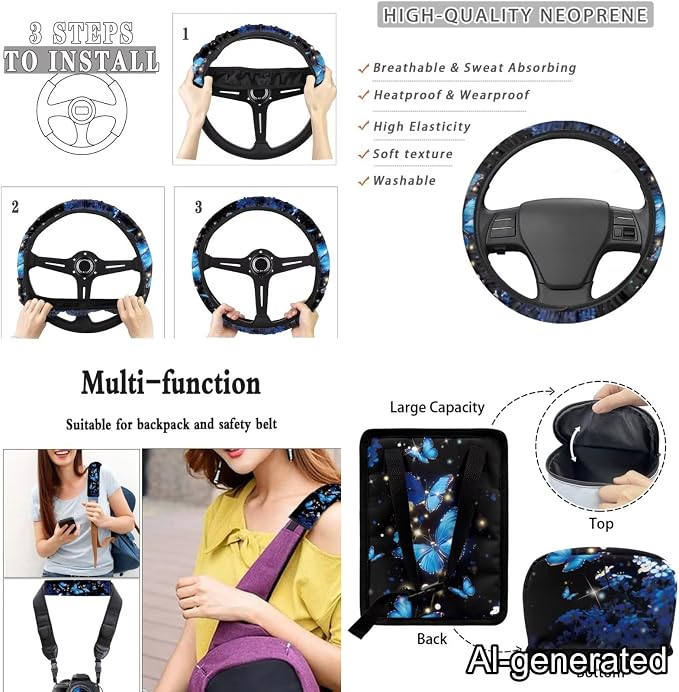 Dreaweet Blue Butterfly Car Seat Covers Full Set for Women Fashion Car Accessories Seat Cover with Steering Wheel Cover Seatbelt Pad Coasters Garbage Bag Air Vent Pouch Rear View Mirror Cover Keychain
