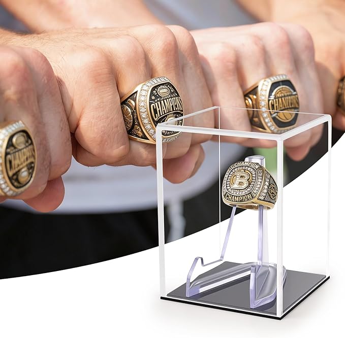 Clear Acrylic Championship Ring Display Case with Black Base, Memorabilia Stand Cube Holder, Dust Protective Transparent Storage Box for Single Rings Souvenir Ring Collections