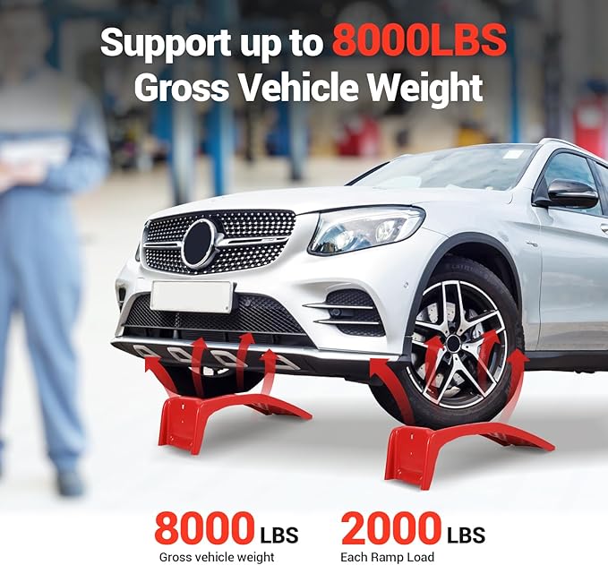 Garvee 8 in Lift Solid Steel Car Ramp 8000 LBS Capacity, 2000 LBS Per Ramps, Heavy Duty Truck Ramps for Car Repair or Vehicle Maintenance, 2 Pack Car Ramps, Red