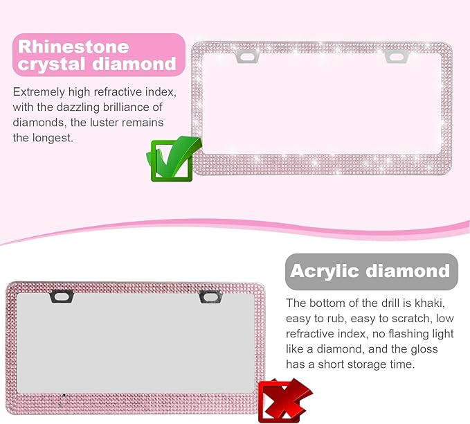QUANQIUFEI 2 Pack Bling License Plate Frames for Women, Sparkly Rhinestone Diamond Car Accessories with Glitter Crystal Caps (Pink)