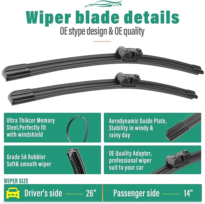 26" 14" 10" Windshield Wiper Blades Replacement for Chevrolet Chevy Trax 2015-2022 / Buick Encore 2013-2022 Premium All Weather Front Rear Wipers Set - OEM Quality (Pack of 3)