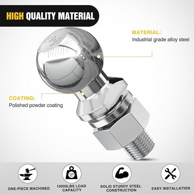 Nilight 2-5/16-Inch Diameter Chrome Trailer Hitch Ball, 15,000 lbs, 1-1/4 x 2-5/8-Inch Shank Universal Fit,Gray