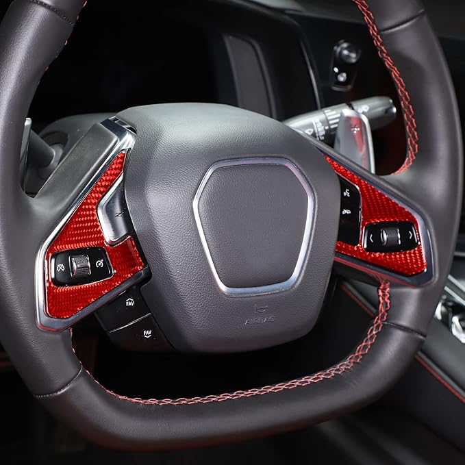 Steering Wheel Button Cover Compatible with Chevrolet Corvette C8 2020-2023, Steering Wheel Frame Trim, Car Steering Wheel Panel Protection Frame Molding Sticker (Red soft carbon fiber 3 holes)