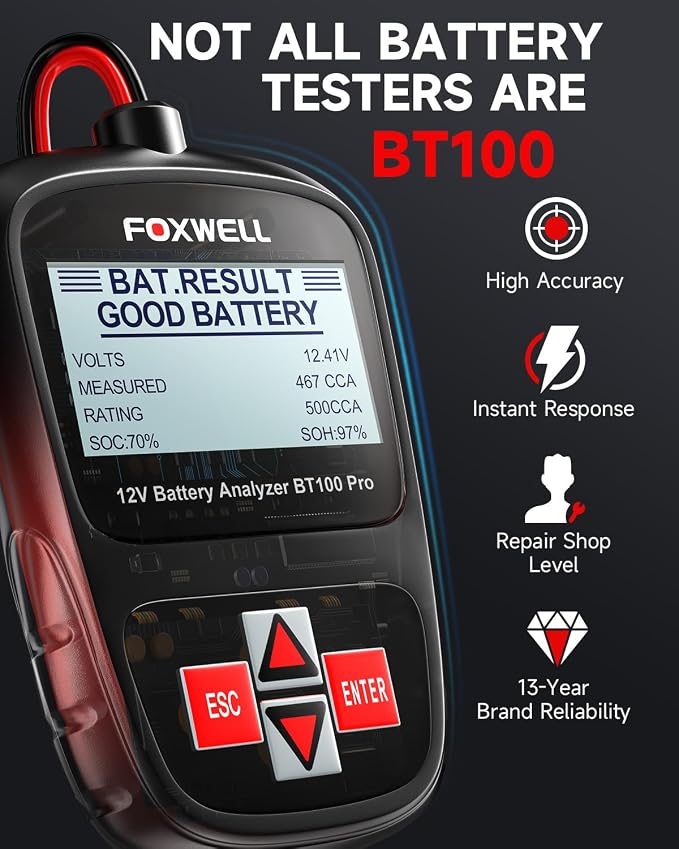 Car Battery Tester FOXWELL BT100 PRO, 12V Battery Load Tester, 100-1100CCA Automotive Digital Battery Analyzer for Car Truck Motorcycle SUV Boat Marine RV & Pickup