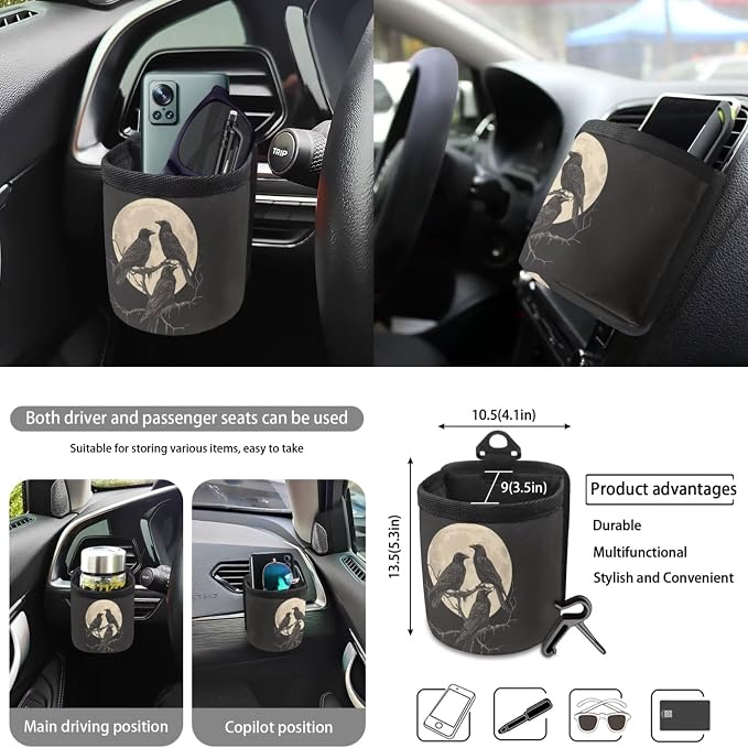 Crow Moon Pattern Car Accessories Set of 10 Front and Back Seat Covers Cup Coasters Car Trash Can Steering Wheel Cover Keychain Air Vent Storage Bag Interior Covers for Auto