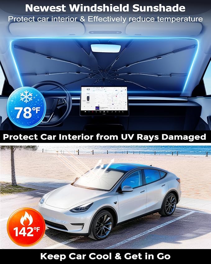 DMJN Umbrella Windshield Sun Shade - Large, Car Sunshade for Front Windshield [Nano Ice-Crystal Coatings] UPF50+ Heat & UV Block, Protect Interior & Keep Cooler Universal for Car, SUV, Truck