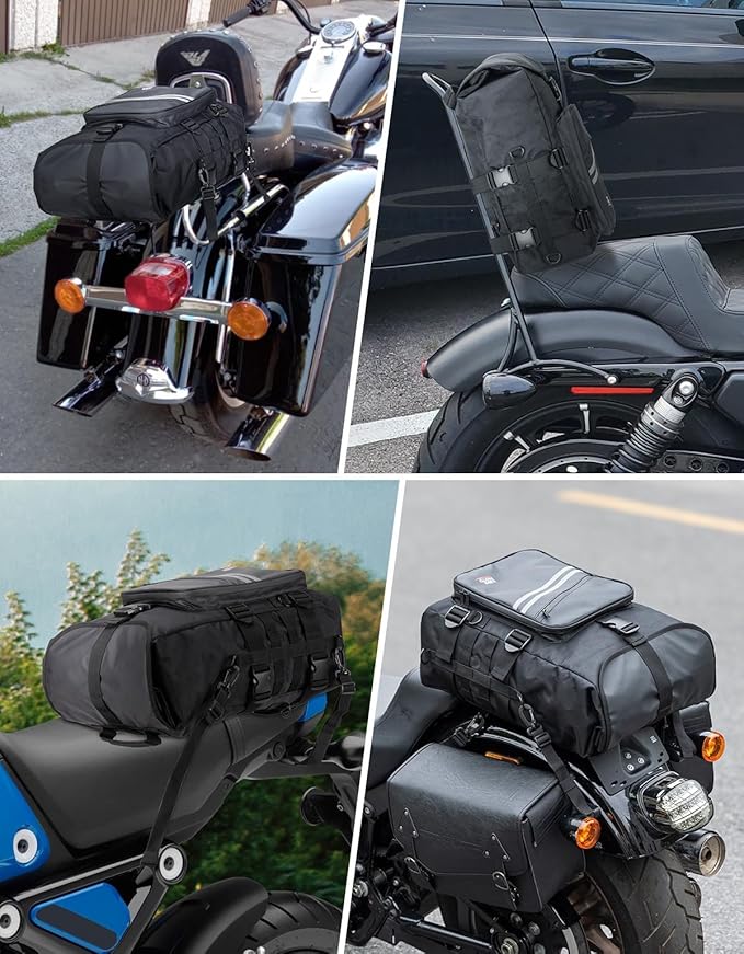 KEMIMOTO Motorcycle Sissy Bar Bag 30L Motorcycle Tail Travel Luggage Bag with Waterproof Rain Cover for Trip Camping Outdoor Motorbike with 4 Straps 1 Shoulder Strap