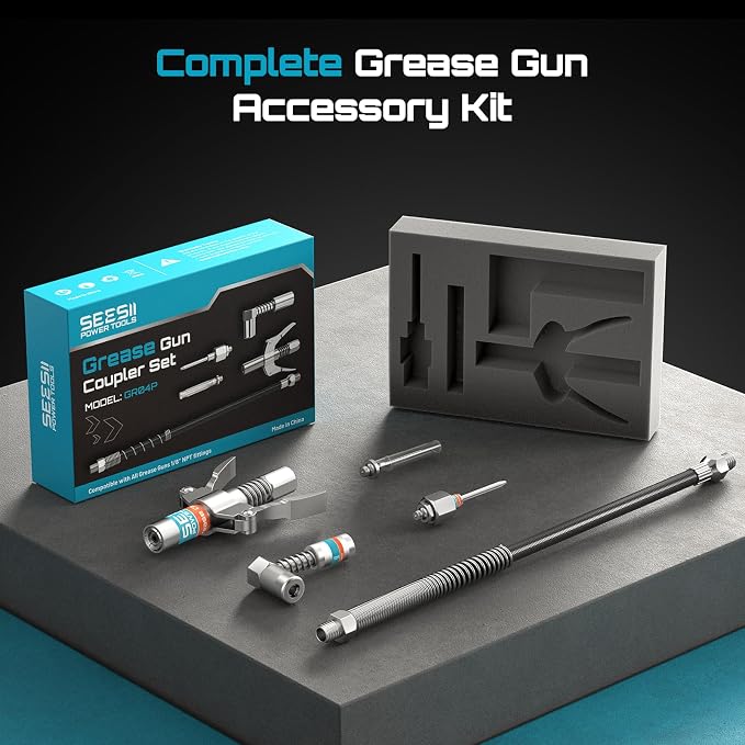 Seesii Grease Gun Accessory Kit, Includes Quick-Release Coupler, 90 Degree Grease Gun Coupler Adapter, 12 Inch Flexible Hose, 2 Grease Needle Tips for Easy Greasing Narrow, Tight & Deep Spaces, GR04P