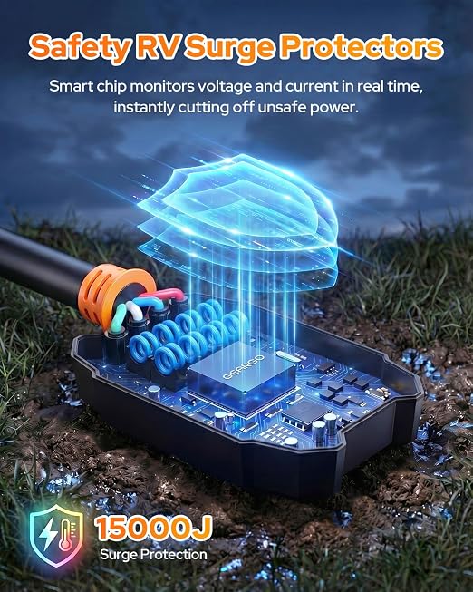 GEARGO 𝑵𝒆𝒘𝒆𝒔𝒕-𝑮𝒆𝒏 RV Surge Protector 30 Amp, 15000J Circuit Analyzer with IP68 Waterproof Cover, High-Energy Protection & Temperature Control, RV Adapter Plug for Camper, Travel Trailers