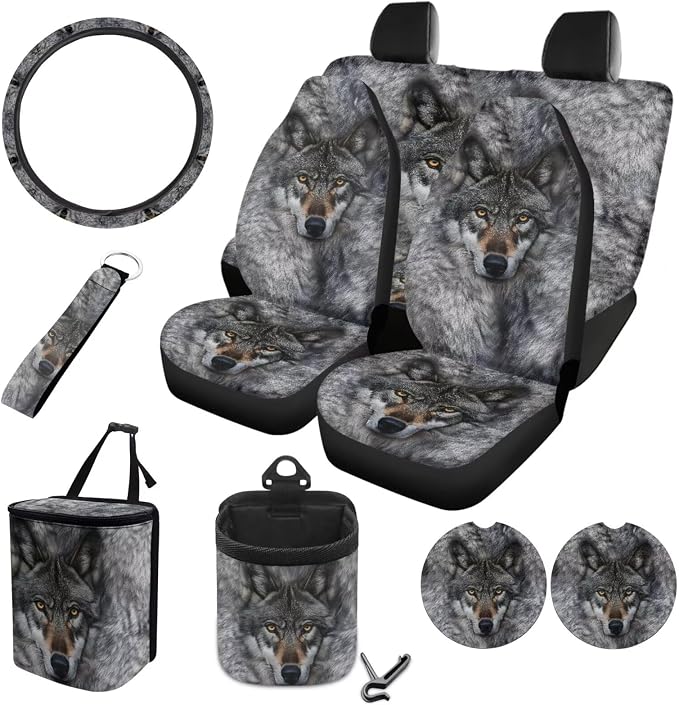 Gray Wolf Pattern 10 Pieces Car Accessories, Auto Seat Covers Full Set Steering Wheel Cover Cup Holders Car Garbage Can Air Vent Storage Bag Keychains Universal Fit for Most Cars