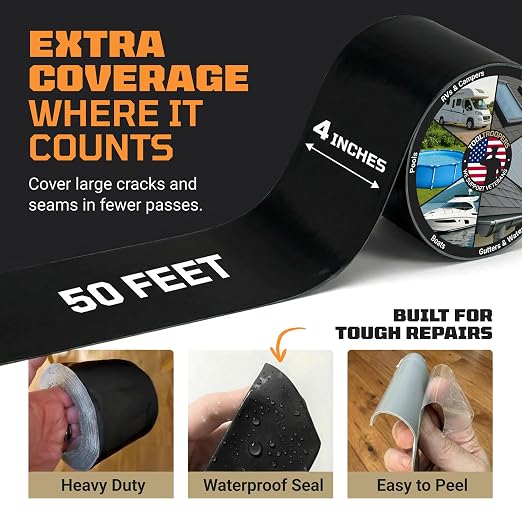 TITANPATCH PRO Waterproof Sealant Tape – Black 4" x50' – Stops Leaks Fast & Stays Sealed for 15+ Years – Sticks to RVs, Roofs, Pools, Boats, Gutters – Built for Harsh Weather (-40°F to 190°F)