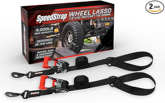 SpeedStrap Through Wheel Tie-Down, Black 1.5" x 10' Strap - Secure UTV to Trailer, 4,000 lb Max Capacity - Premium Ratchet Mechanism, Easy Loop Design