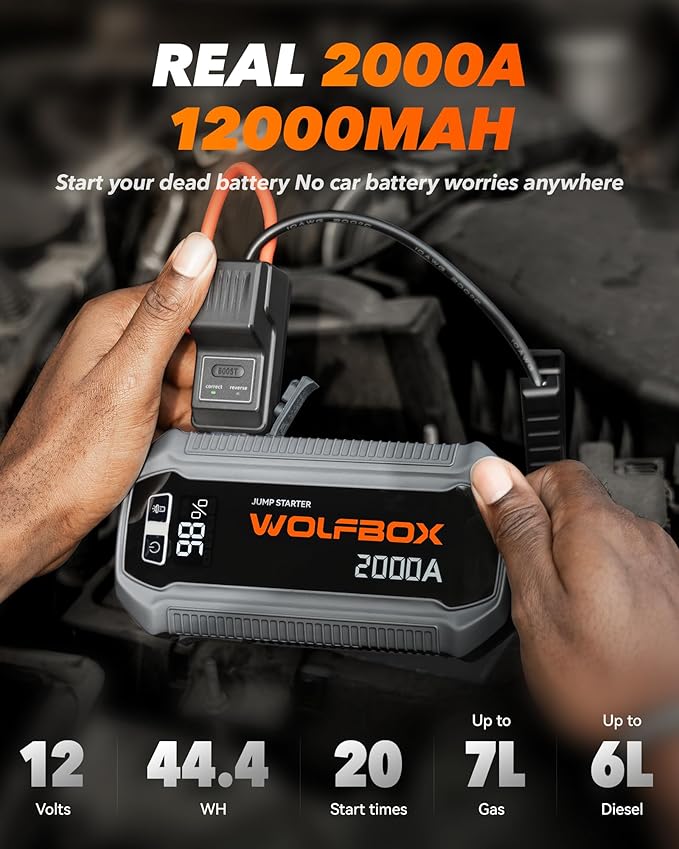 WOLFBOX 2000A Jump Starter, 44.4Wh Battery Jumper Starter Portable with LED Display, 12V Car Battery Jump Starter Pack (7L Gas 6L Diesel Engine) with Booster, LED Light, Jumper Cables (NO Adapter)