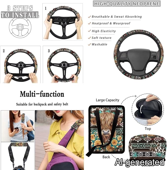 Dreaweet Aztec Highland Cow Car Accessories 15 Pcs Car Seat Covers Full Set with Steering Wheel Cover Seat Belt Pads Trash Can Rear View Mirror Cover Coasters Keychain Air Vent Storage Bag