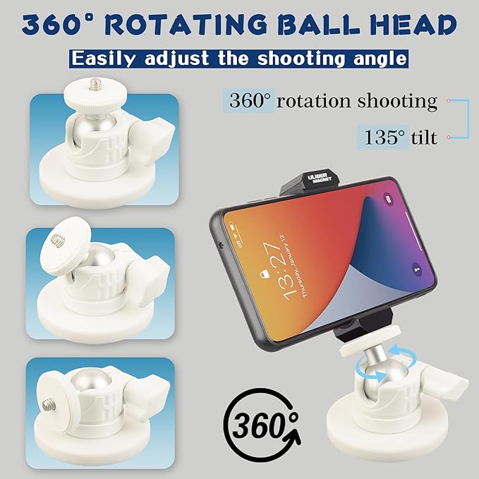 ULIBERMAGNET White Magnetic Camera Mount, Strong Magnetic Mount with 360° Rotation Ball Head, Security Camera Holder with 1/4 inch Thread for GoPro,DJI OSMO Action
