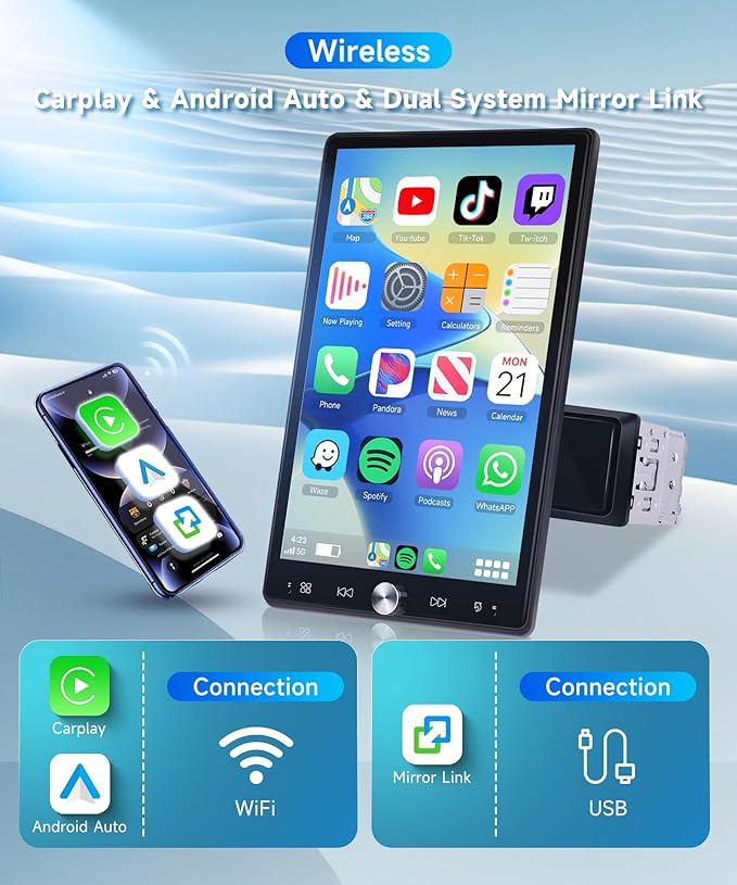 10.4 Inch Single Din Car Radio, Wireless CarPlay Android Auto, 1 Din 2.5D Detachable Touchscreen Car Stereo, Bluetooth FM EQ USB SWC, Support Mirror Link & Backup Camera