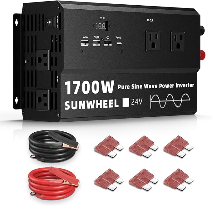 SUNWHEEL 1700W 24V Pure Sine Wave Inverter, 24V DC to 110V/120V AC Power Inverter for RV、Off Grid、Truck、Power Outage with 4 AC outlets and LCD Display