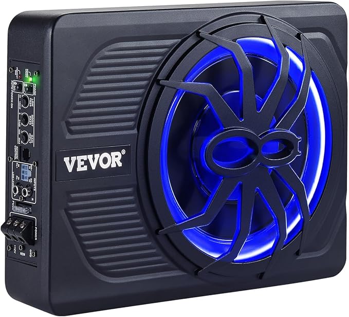 VEVOR 10" 440W Underseat Car Subwoofer, Slim Powered Car Subwoofers with Blue Ambient Light, Low Profile Audio Sub Under The Seat with Built-in Amplifier, Remote Controller for SUVs, Car, Truck, RV