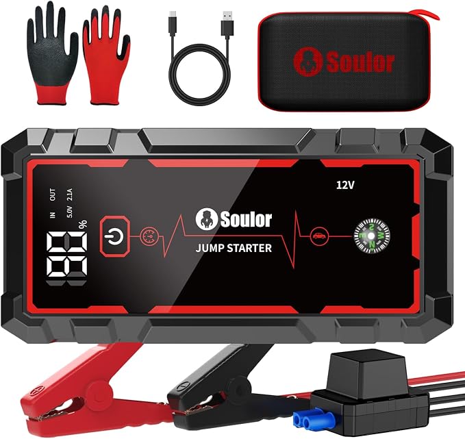 Jump Starter, Battery Jumper Starter Portable, Car Battery Jump Starter with 3 Modes Flashlight, Compass, Power Bank and Jumper Cable