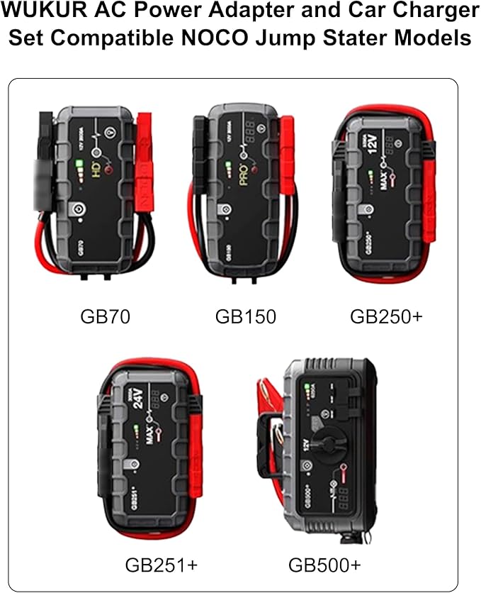 WUKUR 14V Charger Cable for NOCO Boost UltraSafe Jump Starter Compatible with NOCO GB70 GB150 GB250+ GB251+ GB500 GB500+ NOCO Boost UltraSafe Portable Lithium Jump Starter Battery Power Adapter Set