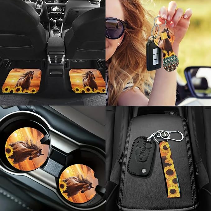 Animal Horse Car Seat Covers Full Set of 17 Pcs Sunflower Car Floor Mats Set of 4 Horse Automotive Accessories with Steering Wheel Cover Seat Belt Cover Pad Car Armrest Pad,Universal Fit