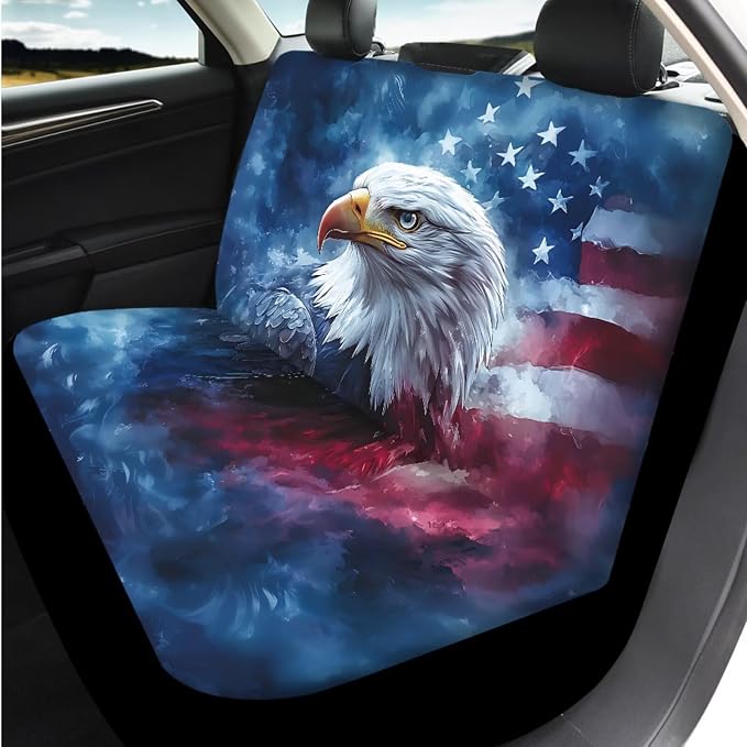 Bulopur Eagle American Flag Car Seat Covers Full Set 14 Pack with Vehicle Steering Wheel Cover Automotive Armrest Cushion Pad Seat Headrest Covers Auto Seat Belt Pads Interior Accessories Set