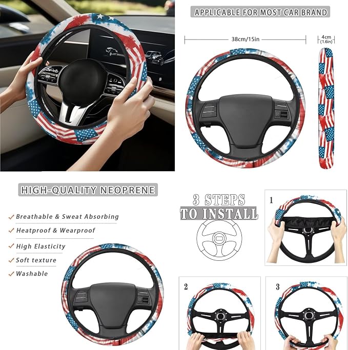 American Flag Auto Interior Accessories Car Seat Covers with Auto Steering Wheel Cover Seat Belt Covers Car Trash Can View Mirror Cover Coaster Keychains