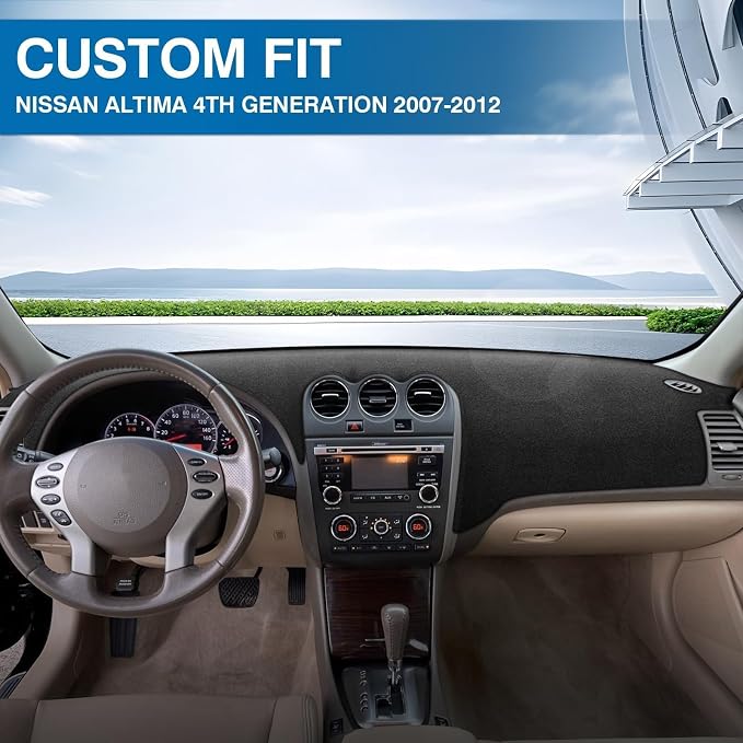 KUST Black Dash Cover Mat for Nissan Altima 2007-2012 Left Hand Driving Polyester Dashboard Cover Non-Slip Center Console Dash Cover Interior Accessories for Nissan Altima Sunshade No Glare