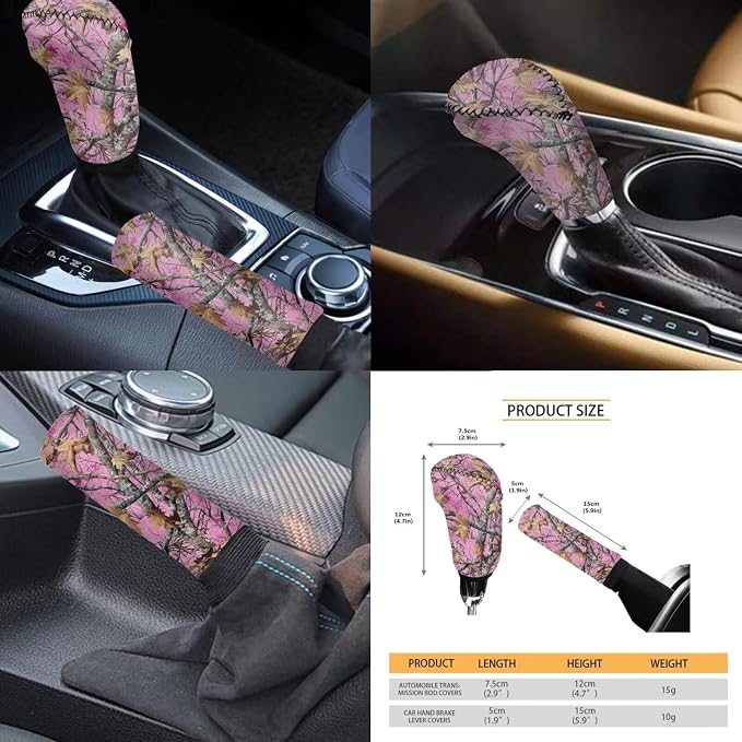 KEIAHUAN Car Seat Covers Set for Women Men Camo Hunting Design Includes Gear Shift Cover&Handbrake Cover+Stretchy Steering Wheel Cover+Small Cup Coasters+Car Headrest Covers Auto Interior Accessories