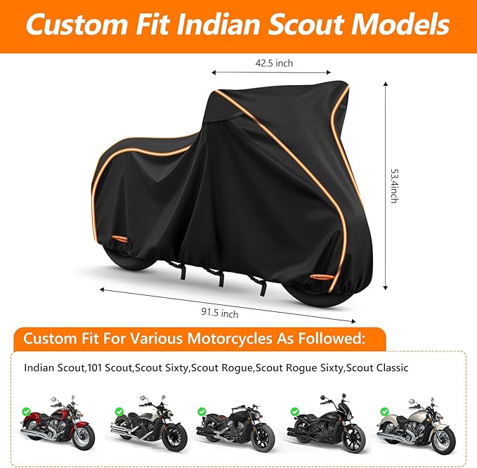 420D Waterproof Motorcycle Cover for Indian Scout 101,Scout Sixty,Rogue,Rogue Sixty,Scout Classic,Windproof Heavy Duty Outdoor Bike Cover