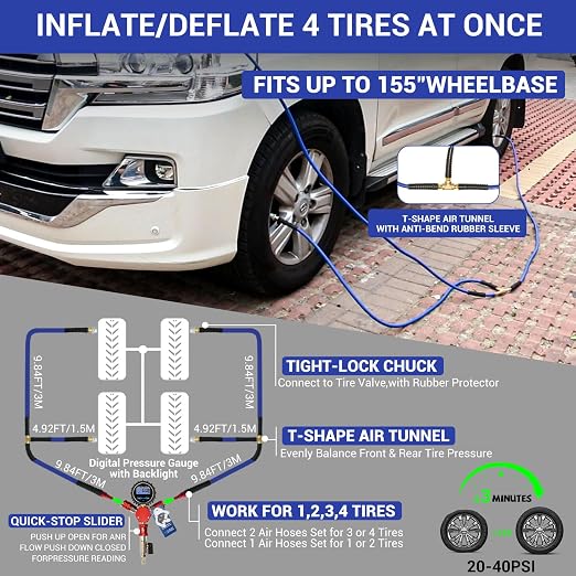 4 Way Tire Inflator System, Fits Up to 155" Wheelbase, Rapid High Flow Off Road Tire Deflator Kit, Universal 4 Way Tire Air Up Down Hose Kit for Truck Car Motorcycles Off Road Vehicles