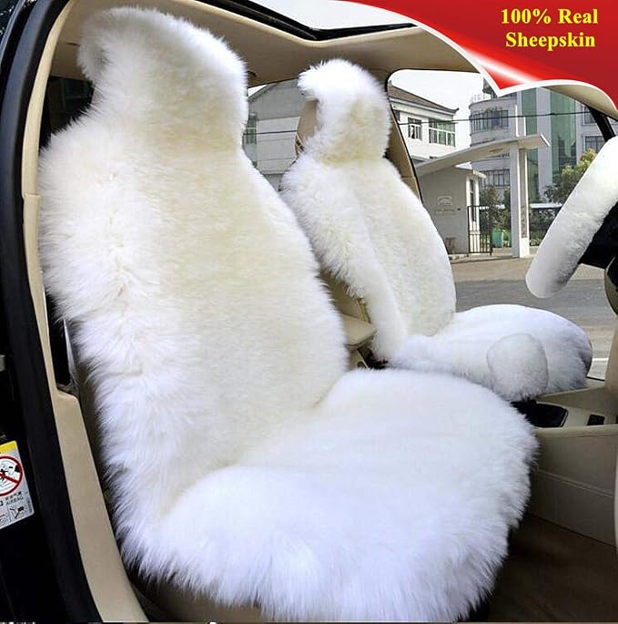 Winter Warm Authentic Australia Sheepskin Car Seat Cover Luxury Long Wool Front Seat Cover Fits Most Car, Truck, SUV, or Van (White)