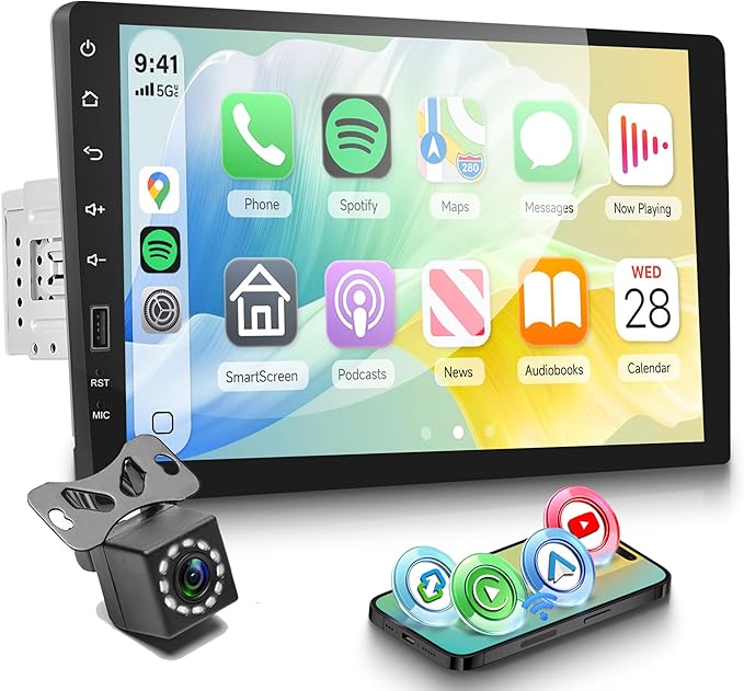 Single Din Car Stereo Support Wireless Carplay Android Auto You-Tube, 9-Inch IPS Touch Screen Car Radio 1 Din with backup Camera Car Audio Receiver Support Mirror Link Bluetooth FM USB EQ SWC