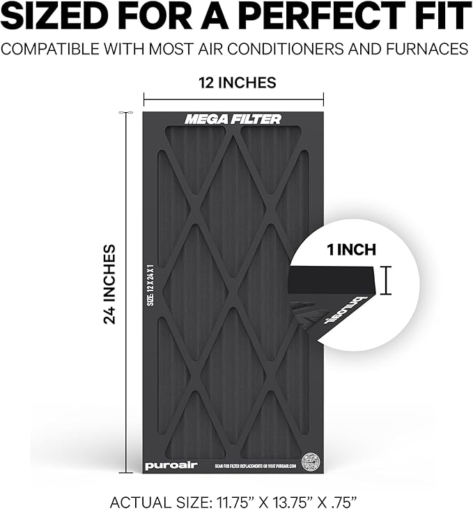 PuroAir MegaFilter - 12x24x1 Air Filter MERV 13 Activated CarbonTech Defense - Heavy Duty 3 Layer Furnace Filters Allergens, Pollen, Dust, Pet Dander, Smoke, Odors - HVAC Air Filter 12x24x1 (4-Pack)
