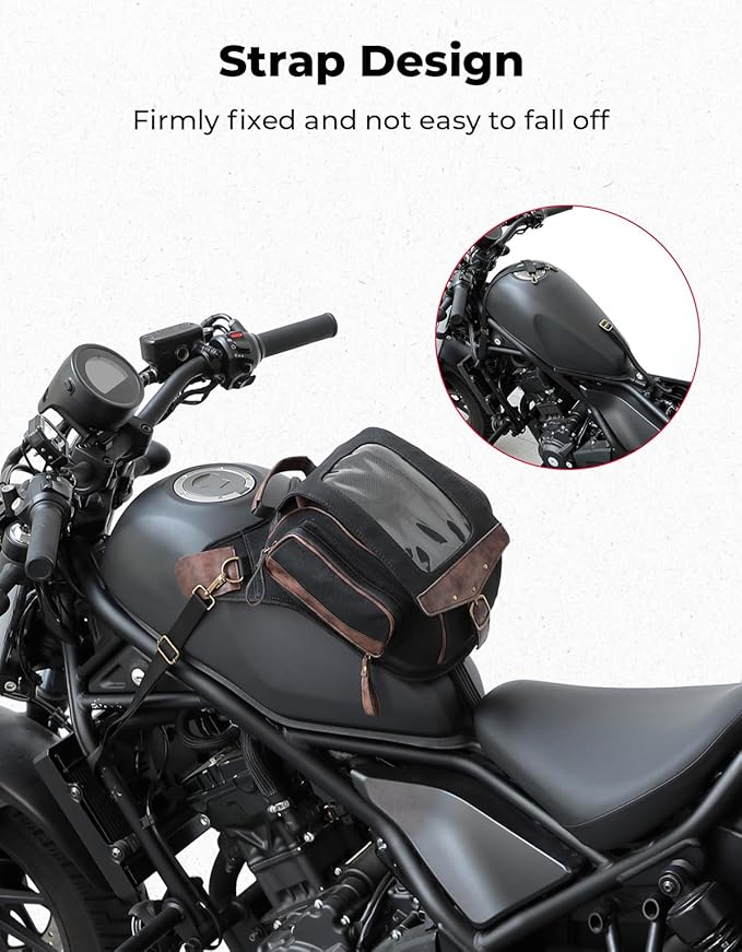 KEMIMOTO Motorcycle Tank Bag, Retro Expandable Storage Thigh Bag Leg Bag with Leg Strap, Waterproof Touch Screen Protector for Mobile Phones, Oil Waxed Canvas Material, Black 8.5L