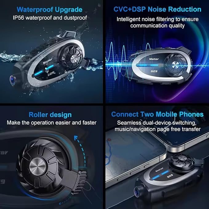 2 Way Intercom Helmet Headset with Camera - IP67 Wireless Motorcycle Voice Talk Headset 1080P Helmet Dash Cam Communication Walkie-Talkie, 1600FT Intercom, 1500mAh Battery, Music Sharing