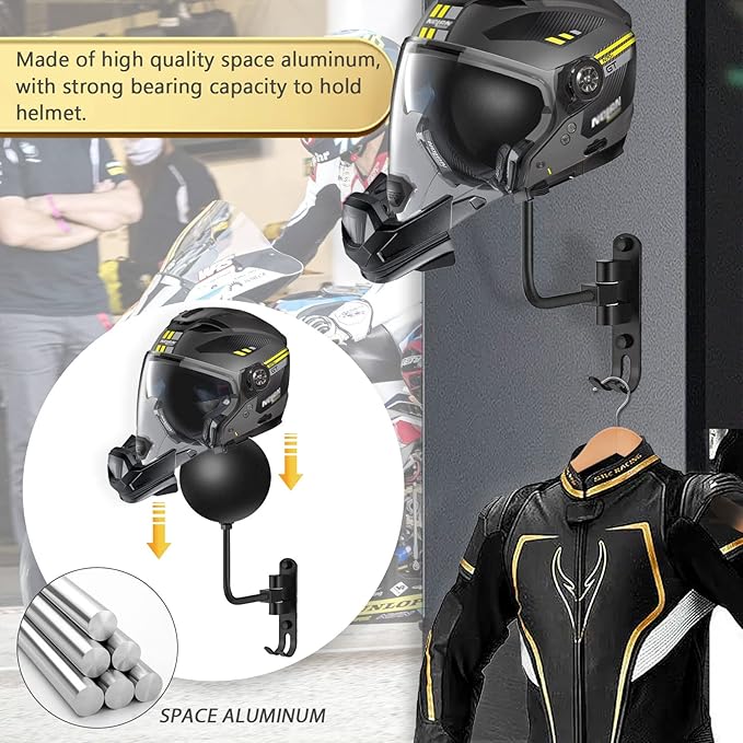 Motorcycle Helmet Rack Wall Mount Bike Helmet Holder Mount Bicycle Helmet Display Hanger Stand with 2 Hooks Motorcycle Accessories for Baseball Rugby Helme
