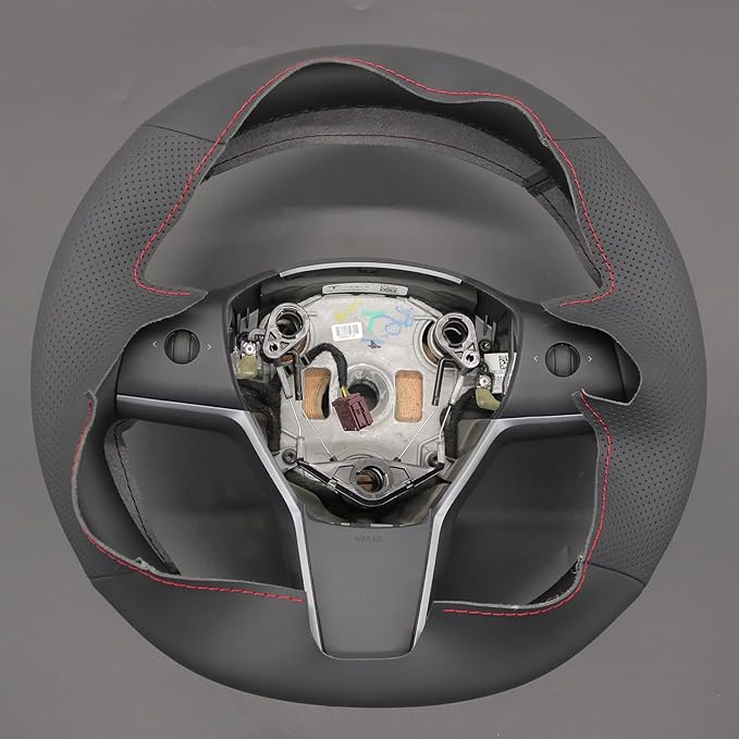 MEWANT Hand Stitch Steering Wheel Cover for Tesla Model Y 2020-2023 Model 3 2017-2023 Made of Black Genuine Leather