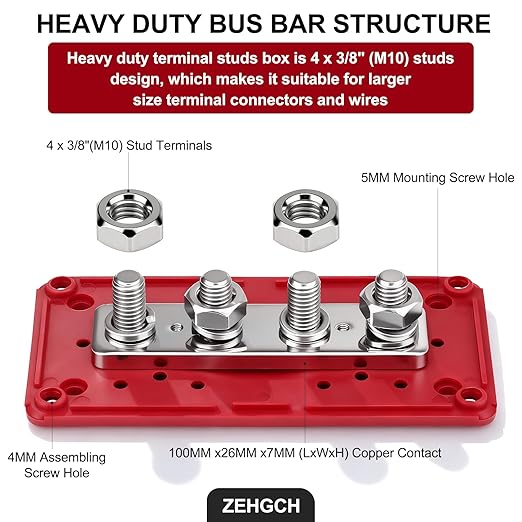300A Bus Bar 12V Power Distribution Block with 3/8" Studs,Marine Battery Bus Bar Terminal Block Positive & Negative for Automotive Car Boat Solar System (300A 4 x 3/8" Studs)