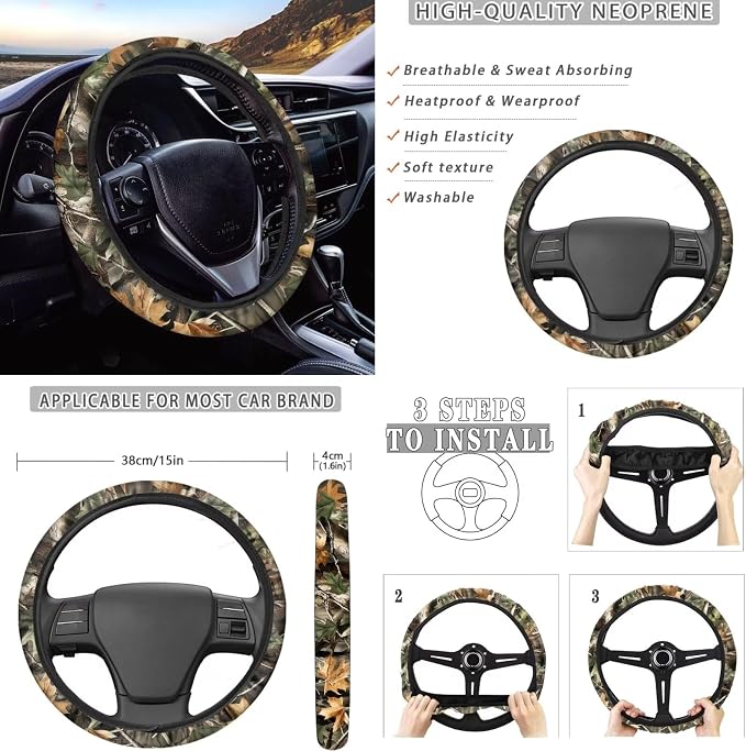 KEIAHUAN 11 Pieces Camo Hunting Design Car Accessories Set Automotive Rear Front Seat Cover, Steering Wheel Cover, Handbrake and Gear Shift Knob Cover, Headrest Covers, Coasters