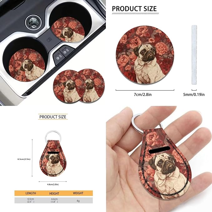 Suobstales Pug Dog Flower Print Car Seat Covers Set Interior Accessories Bucket Seat Cover Rear Split Bench Protection with Steering Wheel Covers,Seat Belt Cover Coaster,Keychains Fits Most Vehicles