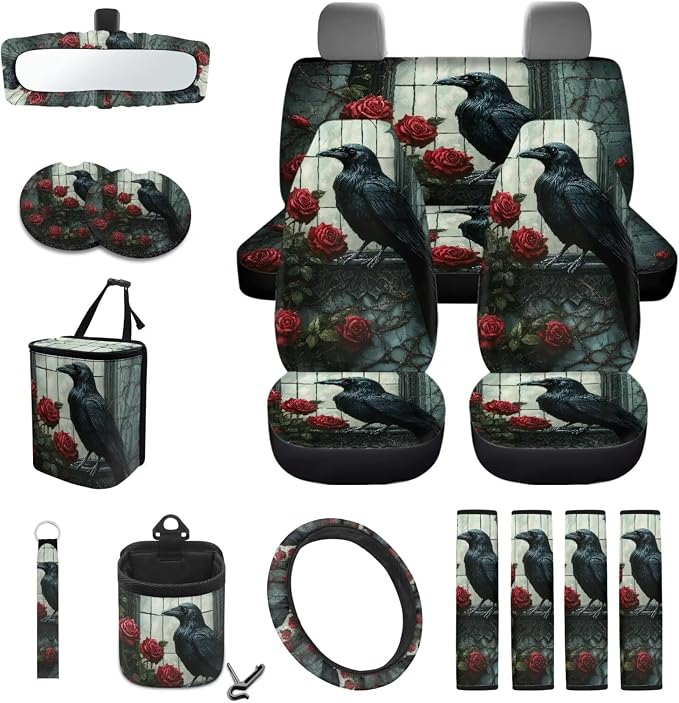 Crow Rose Flower Pattern Car Accessories Set of 15, Full Set Seats Covers, Auto Streering Wheel Cover Trash Bin, Seat Belt Pad Keychain Coasters Air Vent Storage Bag