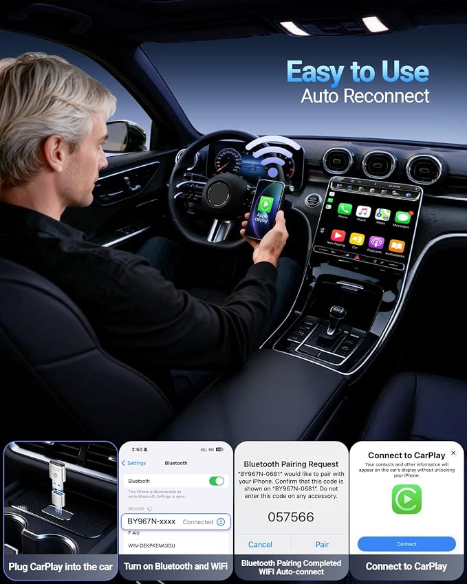 vnilrgle Wireless CarPlay Adapter for Apple iPhone（2026 Upgraded） Mini Design, Converts Factory Wired to Wireless Adapter for CarPlay, Plug and Play, Auto Connect Fast and Stable(White)